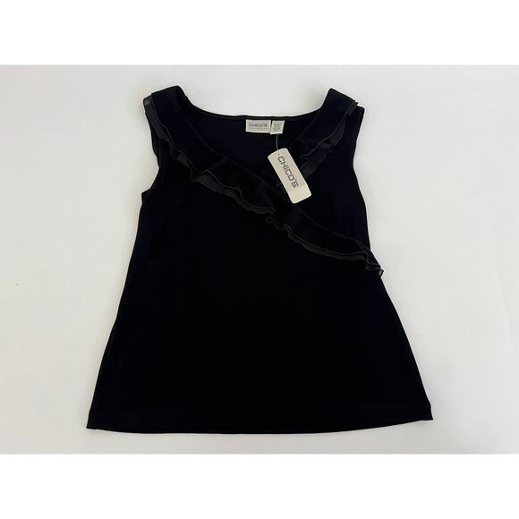 NWT Chicos Travelers Black V-Neck Wrap Knit Shell Ruffle Trim Tank Top Size 2 - Picture 1 of 11